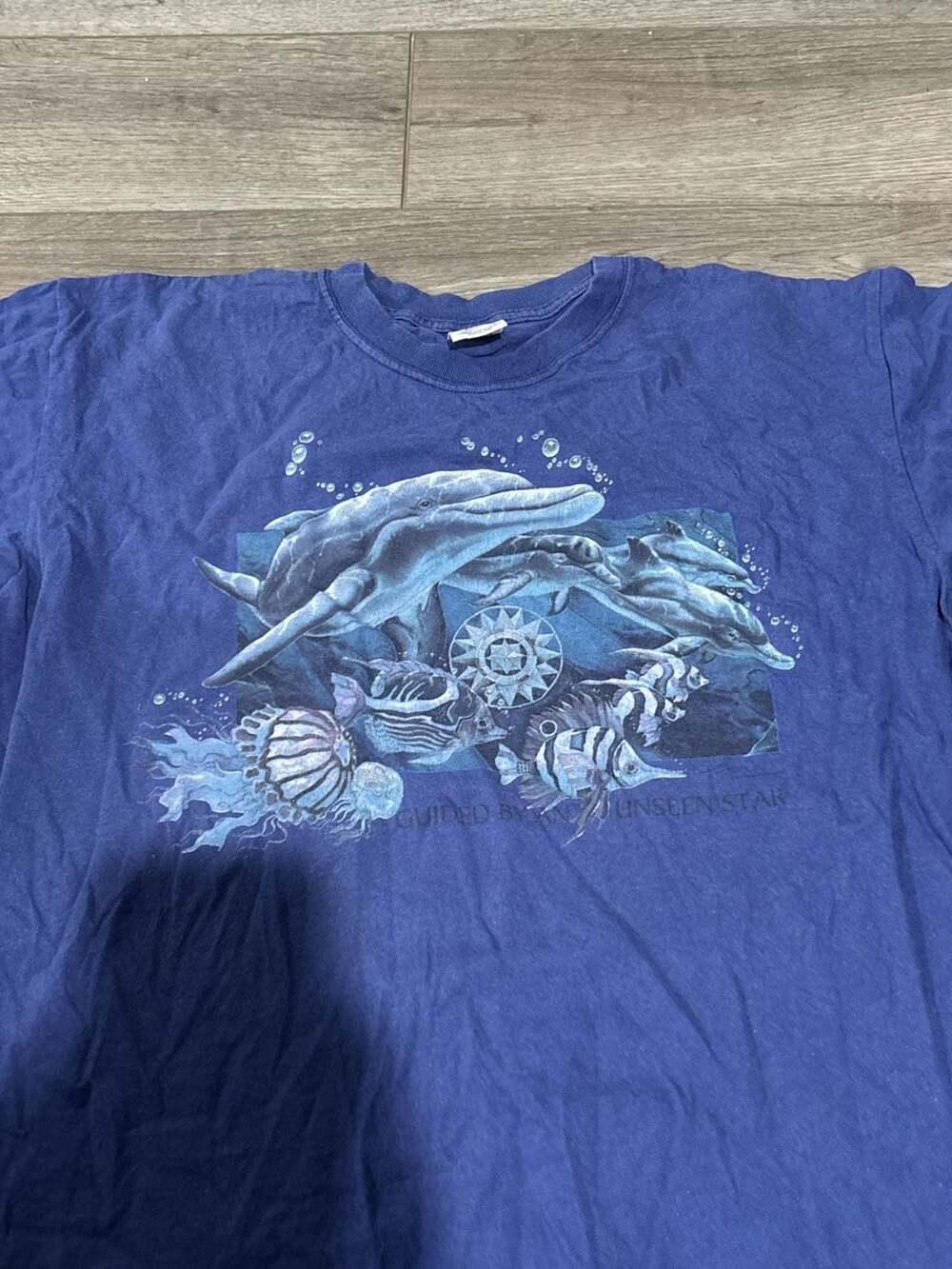Vintage Anvil Dolphin Ocean Marine Life Graphic T-Shirt Guided By Unseen Star